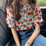 Flytonn-cute winter outfits casual winter outfits christmas outfit party look inspos Cartoon Flower Pattern Puff Sleeve Blouse Shirt