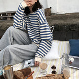 Flytonn-cute winter outfits casual winter outfits christmas outfit party look inspos Long Sleeve Retro Striped O-Neck Shirt