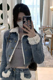 Flytonn-cute winter outfits casual winter outfits christmas outfit party look inspos Two Piece Warm Crop Denim Jacket With Mini Denim Skirt Outfit Set