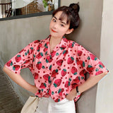 Flytonn-cute winter outfits casual winter outfits christmas outfit party look inspos Strawberry Printed Short Sleeve Blouse Shirt