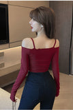 Flytonn-cute winter outfits casual winter outfits christmas outfit party look inspos Long Sleeve Slash Neck Sexy Slim Shirt