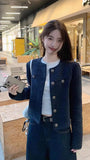 Flytonn-cute winter outfits casual winter outfits christmas outfit party look inspos Long Sleeve Vintage Blue Color Elegant Tweed Jacket