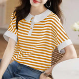 Flytonn-cute winter outfits casual winter outfits christmas outfit party look inspos Retro Doll Collar Short Sleeve Striped Shirt