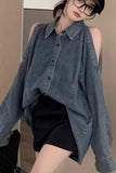 Flytonn-cute winter outfits casual winter outfits christmas outfit party look inspos Long Sleeve Off Shoulder Denim Shirt