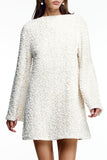 Flytonn-nye outfits Sparkly Sequin Bow Tie Long Sleeve Oversized Velvet Party Mini Dress - White