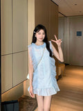 Flytonn-y2k outfits Summer New Fashion Splicing Lace Small Fragrant Style Stripe Dress High end Sleeveless Doll Neck Slim Short Dress for Women