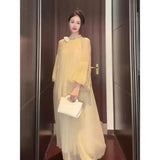 Flytonn-y2k outfits Beautiful High end Exquisite French Style Light Yellow Long Dresses for Women Spring New Fashion Spliced Loose Vintage Dress