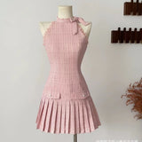 Flytonn-y2k outfits Pink Plaid Hanging Neck Backless Sleeveless Short Dress for Women Spring French Bow Sweet Slim Tight Waist A-line Pleated Dress