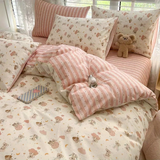 Flytonn-2025 Spring Bedding Set Cute Rabbit Bedding Set Flat Sheet Duvet Cover Pillowcases Single Double Queen Size Bed Linen Boys Girls Home Textile