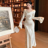 Flytonn-y2k outfits French High end Long Sleeve Swinging Neck Elegant Evening Dress for Women Formal Occasions Satin Wrap Hip Slimming Maxi Dress