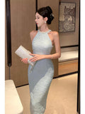 Flytonn-y2k outfits Summer New Elegant Blue Hanging Neck Pearl Sleeveless Off Shoulder Sexy Dress Spicy Girl Wrap Hip Slimming Long Dress for Women