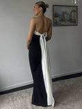 Flytonn Fashion Backless Bows Strapless Dress For Women Contrast Color Sexy Ribbon Long Dress Elegant Female Bodycon Gown Clothes