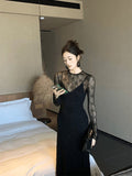 Flytonn-y2k outfits French Style High end Exquisite Black Slip Dress Women Summer Fashion Lace Hollow Bottomming Shirt Long Dress Set Two Piece Set