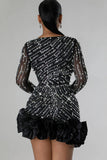 Flytonn-nye outfits Luxury Plunge Beaded Crystal Mesh Panel Ruffle Bodycon Party Mini Dress