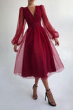 Flytonn- V Neck Tulle Long Sleeve Midi Dress