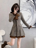 Flytonn-y2k outfits Bow Long Sleeve Dress Women Autumn and Winter New French Style Light Luxury Splicing Fake Two Piece Slimming Pleated Mini Dress