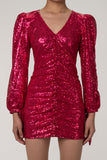 Flytonn-nye outfits Sparkly Deep V Bow Tie Puff Sleeve Ruched Bodycon Sequin Party Mini Dress - Hot Pink-back to school outfits Christmas  Outfits Thanksgiving Gift New Year's Eve