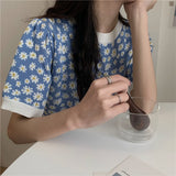 Flytonn-back to school outfits Puff Sleeve Daisy Pattern O-Neck Knitted Shirt-spring outfits