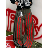 Flytonn-Autumn Women's Casual Retro Wide Leg Baggy Emo Denim Trouser Harajuku High Waist Loose Jeans Lady Green Striped Print Pants