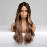 FLYTONN Long Wavy Dark Brown Highlights Ombre Wig Hair for Women Lady Girl Middle Part 26 inches Synthetic Body Wave Natural Looking Wig