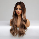 FLYTONN Long Wavy Dark Brown Highlights Ombre Wig Hair for Women Lady Girl Middle Part 26 inches Synthetic Body Wave Natural Looking Wig