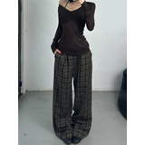 Flytonn-Women Brown Cargo Pants lattice Streetwear High Waist American Wide Leg Pants Y2K Fashion Female Winter Straight Trousers