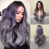 FLYTONN Long Wavy Light Purple Violet Wig Gray Grey Wig Hair for Women Dark Black Roots 26 inches Synthetic Natural Looking Daily Cosplay Party Halloween