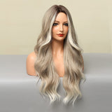 FLYTONN Ombre Blonde Wig with Bangs Long Ombre Brown and Blonde Wigs for Women Synthetic Wavy Ash Blonde Wigs for Daily Party 24 Inch Cosplay
