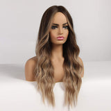 FLYTONN Ombre Blonde Wig with Bangs Long Ombre Brown and Blonde Wigs for Women Synthetic Wavy Ash Blonde Wigs for Daily Party 24 Inch Cosplay