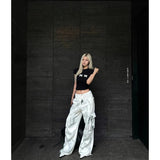 Flytonn-Women's White Cargo Jeans Y2k Vintage Cowboy Pants Harajuku High Waist Denim Trousers Fashion 90s Aesthetic 2000s Trashy Clothes