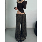 Flytonn-Women Brown Cargo Pants lattice Streetwear High Waist American Wide Leg Pants Y2K Fashion Female Winter Straight Trousers