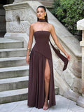 Flytonn Irregular Slit Vacation Long Dress For Women Elegant Contrast Slim Ribbon Dress Back Lace Up Female Strapless Summer New