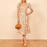 Flytonn-BACK TO SCHOOL OUTFIT Beach Summer Dress Women Sundress 2025 V Neck Short Puff Sleeve Ruffle Hem Print Midi Dress Elegant Vintage Belted Wrap Dress