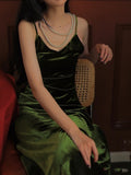 Flytonn-y2k outfits Nicemix V-neck Green Velvet Suspender Dress Women Hong Kong Style Vintage Temperament Holiday Open Back Elegant Party Long Robe