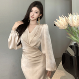 Flytonn-y2k outfits French Elegant Satin V-neck Long Sleeve Fishtail Dress for Women Autumn Temperament High End Waist Slimming Hip Wrap Maxi Dress