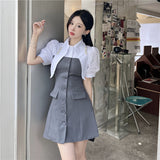 Flytonn-y2k outfits Summer Fashion High end Contrast Shirt Splicing Suit Dress for Women Single breasted Design Waist Slimming A-line Short Dress