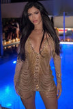 Flytonn-nye outfits Sexy Deep V Cold Shoulder Sheer Mesh Rhinestone Fringe Party Mini Dress - Gold