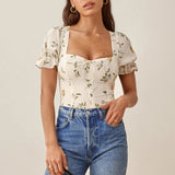 Flytonn-BACK TO SCHOOL OUTFIT Short Puff Sleeve Vintage Floral Print Top Sweetheart Neck Tie Bow Elegant Blouses Women Casual 2025 Summer Tops Chiffon Blouse