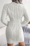 Flytonn-nye outfits Sexy V Neck Winter Fisherman Cable Knit Sweater Mini Dress - White