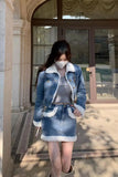 Flytonn-cute winter outfits casual winter outfits christmas outfit party look inspos Two Piece Warm Crop Denim Jacket With Mini Denim Skirt Outfit Set