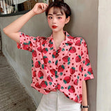 Flytonn-cute winter outfits casual winter outfits christmas outfit party look inspos Strawberry Printed Short Sleeve Blouse Shirt