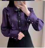 Flytonn-cute winter outfits casual winter outfits christmas outfit party look inspos Long Sleeve Cute Bow Tie Retro Office Blouse Shirt