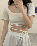 Flytonn-cute winter outfits casual winter outfits christmas outfit party look inspos Cross Straps Slim Fit Cropped Shirt