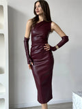 Flytonn Fashion Off-Shoulder PU Leather Maxi Dress For Women Backless High Waist With Gloves Slim Sexy Dress Female Long Dress New