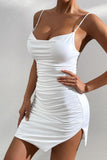 Flytonn-nye outfits Sexy Cowl Neck Ruched Bodycon Cami Split Sleeveless Party Mini Dress - White