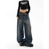 Flytonn-Blue Jeans Women 90s Vintage Personality High Waisted Straight Trouser Streetwear Casual Loose Girl Wide Leg Classic Denim Pants