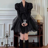 Flytonn-y2k outfits French High end Mesh Spliced Sheep Leg Sleeves Suit Coat Female Autumn Waist Slimming Bow Black Fluffy Short Dress for Women