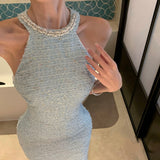 Flytonn-y2k outfits Summer New Elegant Blue Hanging Neck Pearl Sleeveless Off Shoulder Sexy Dress Spicy Girl Wrap Hip Slimming Long Dress for Women