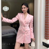 Flytonn-y2k outfits Autumn Fashion High-end Temperament Shoulder Pad Pink Mini Dress Satin Rhinestone Buckle Design Slim Waist Suit Dress for Women