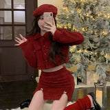 Flytonn-y2k outfits New Year's Robe Red Skirt Set Autumn/Winter Christmas Dress Up High End Sweet Short Coat Mini Skirt Two Piece Set Women Outfits